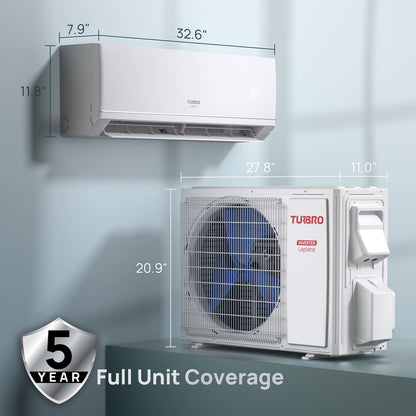 Turbo air conditioning unit with dimensions and 5-year full unit coverage badge on a light gray background