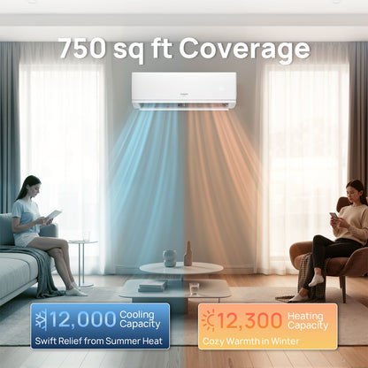 Air conditioner in a living room with 750 sq ft coverage, cooling and heating capacity indicators.