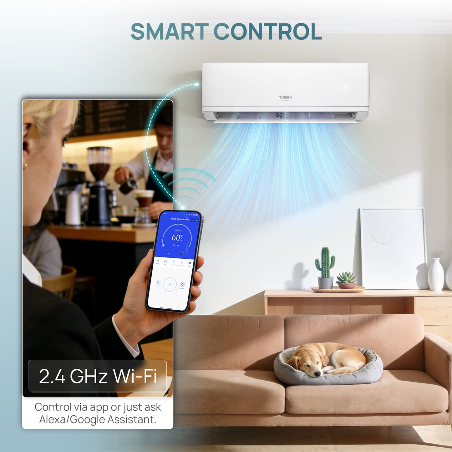 Smart control system with smartphone app interface, air conditioner, and living room setting.