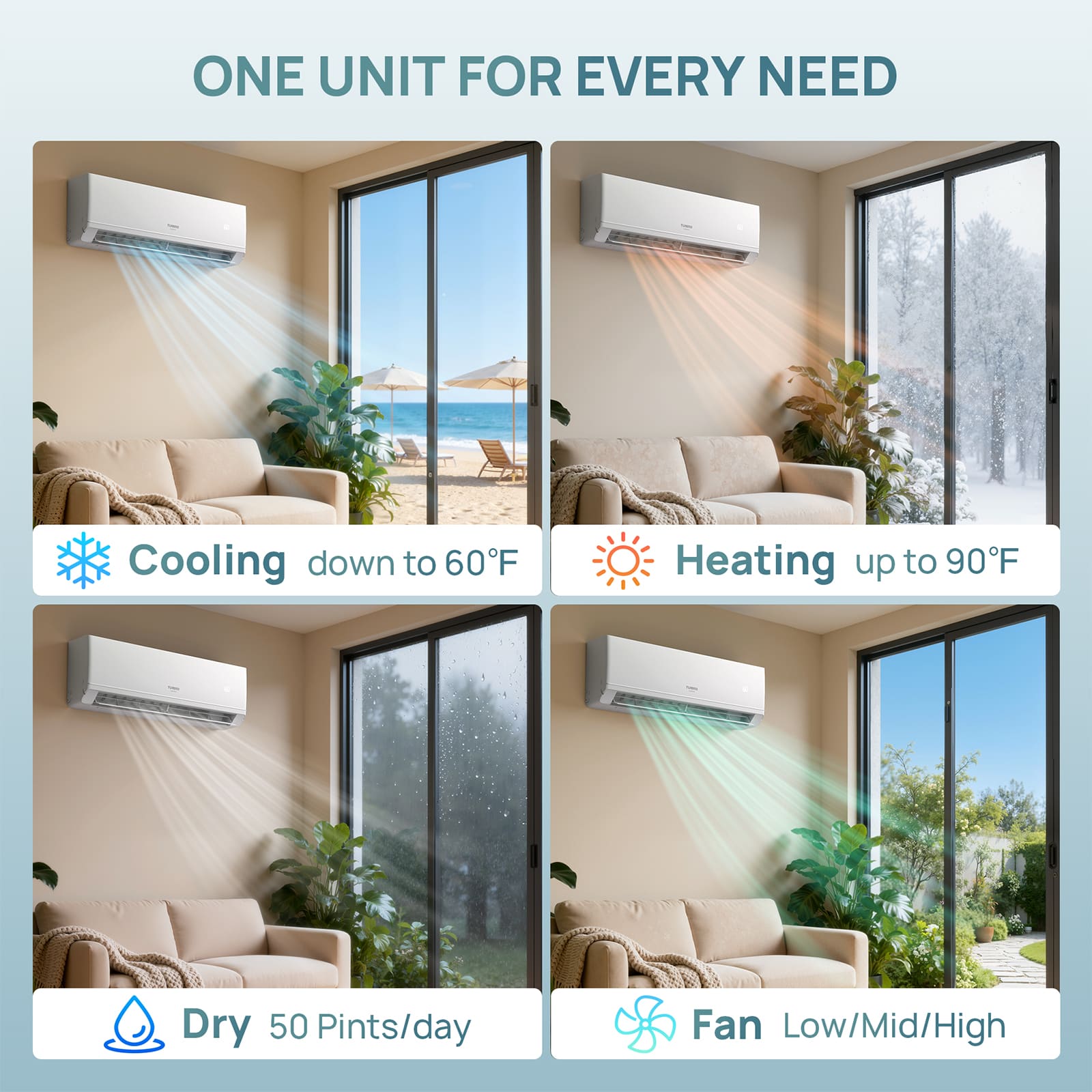 Air conditioner in a living room with text highlighting cooling, heating, drying, and fan functions.