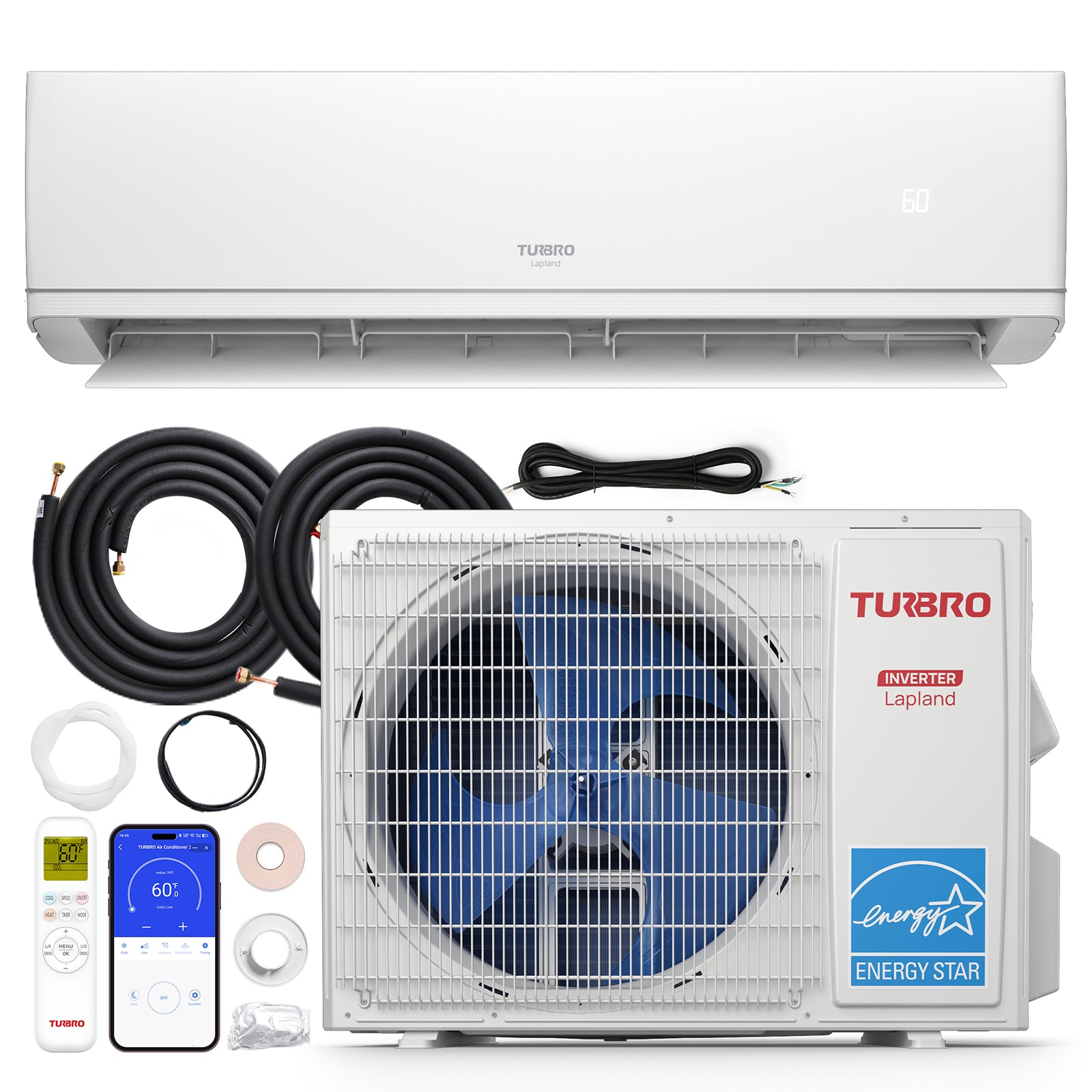 Turbro air conditioning unit with accessories on a white background