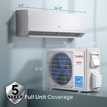 Air conditioning unit with dimensions and a 5-year full unit coverage badge on a light gray background ,view 2