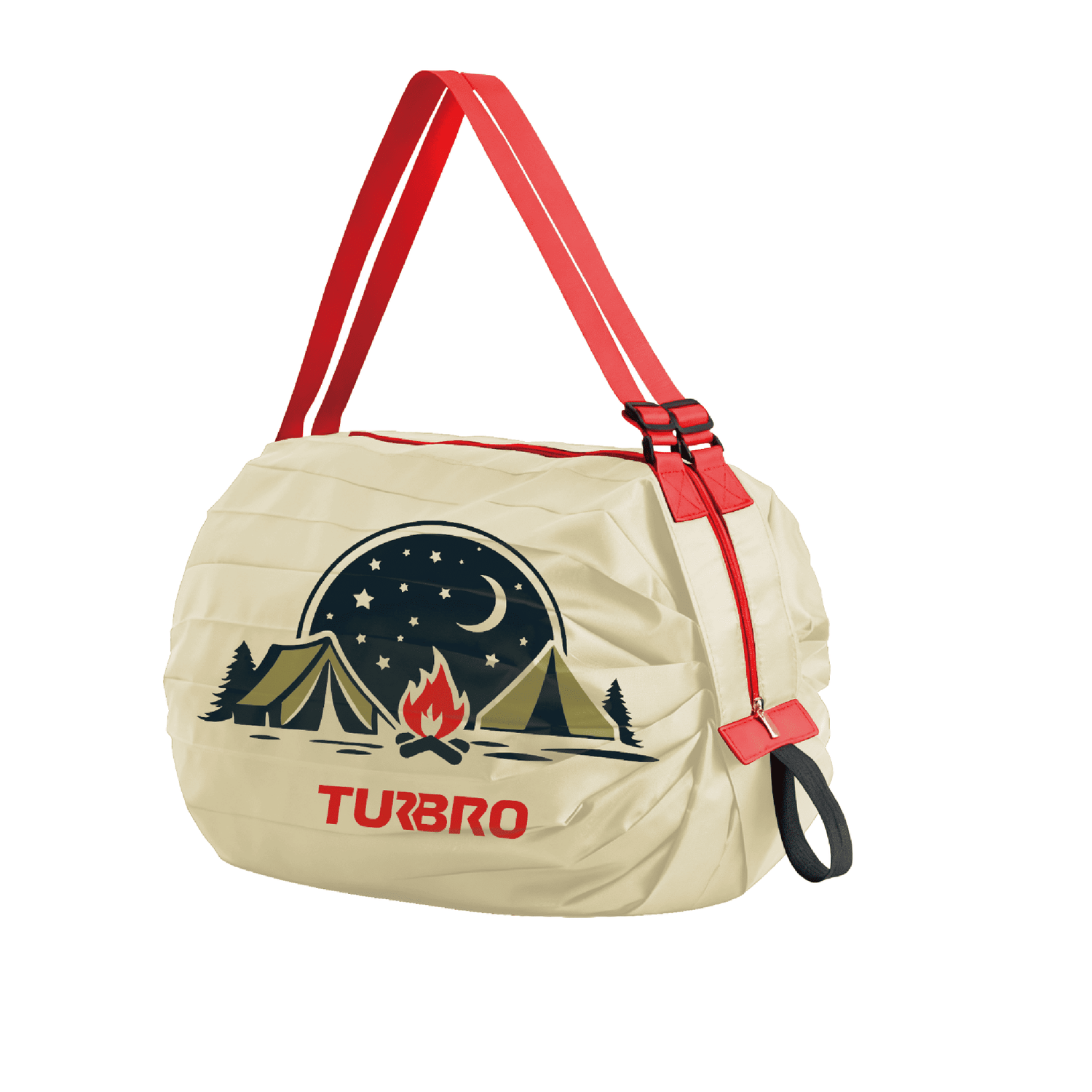 Beige bag with red strap and 'Turbo' logo on a white background