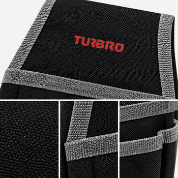 Close-up of a black textured fabric bag with gray webbing trim and a red TURBRO logo, shown with three detail inset panels highlighting the material and strap construction. ,view 2