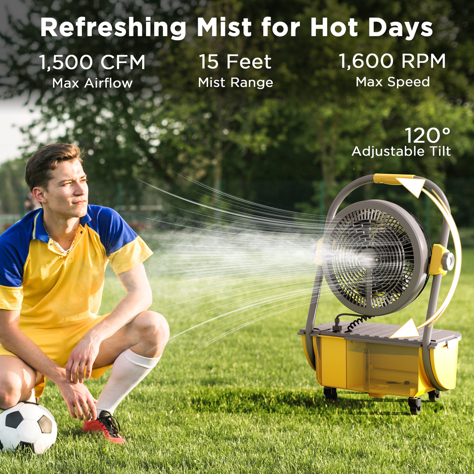 The misting fan provides 1,500 CFM airflow, 15 feet mist range, and 120° adjustable tilt.