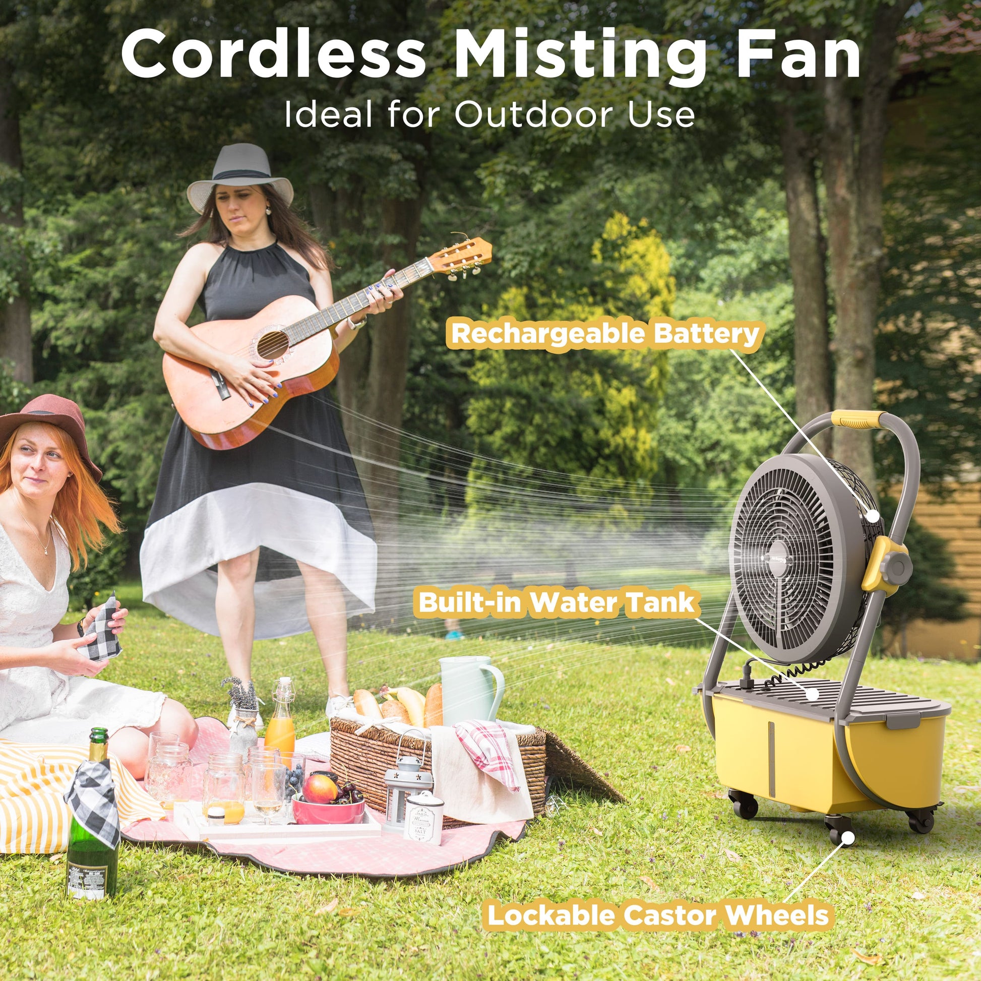 The cordless misting fan features a rechargeable battery, built-in water tank, and lockable caster wheels.
