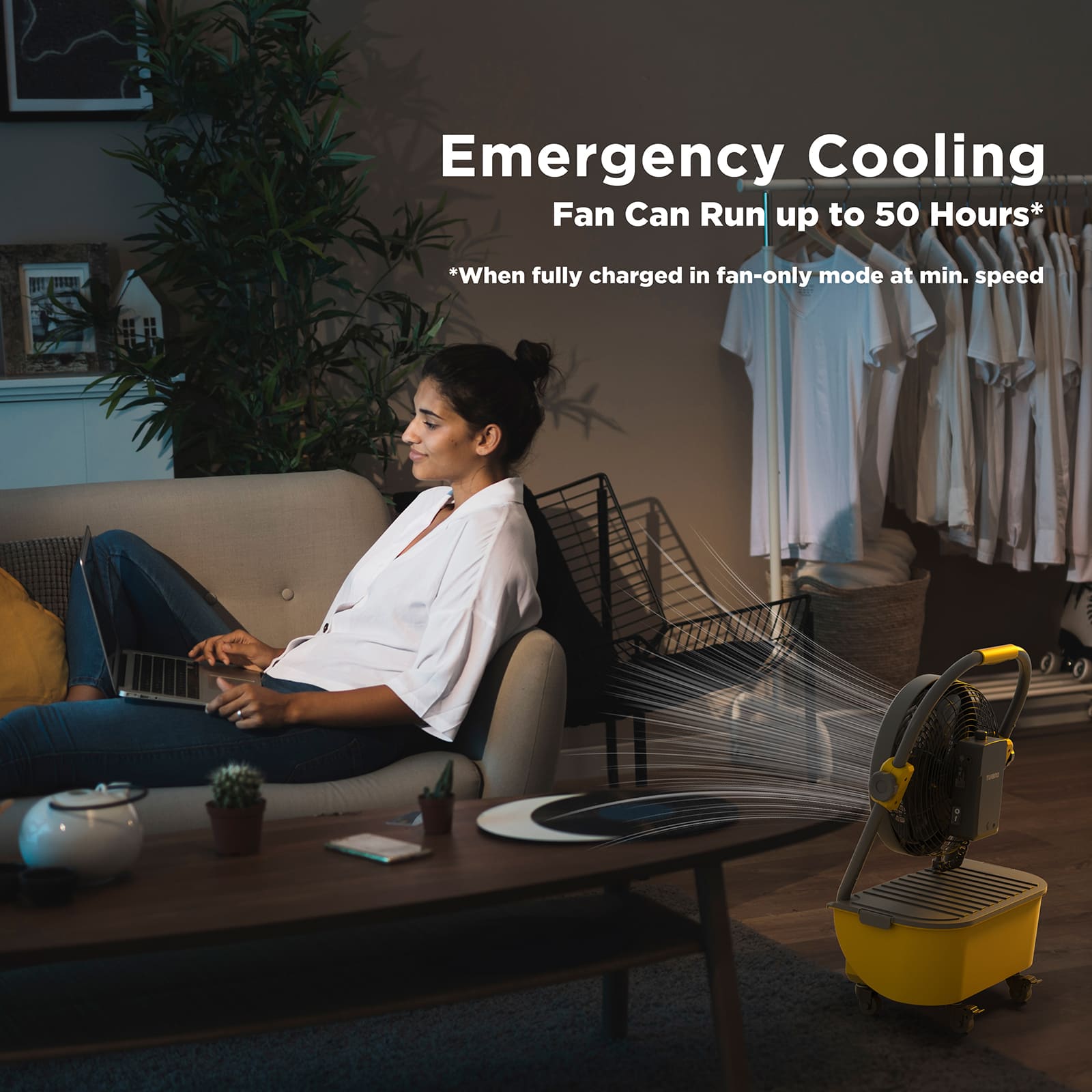 A portable cooling fan provides emergency relief, capable of running for 50 hours when fully charged.