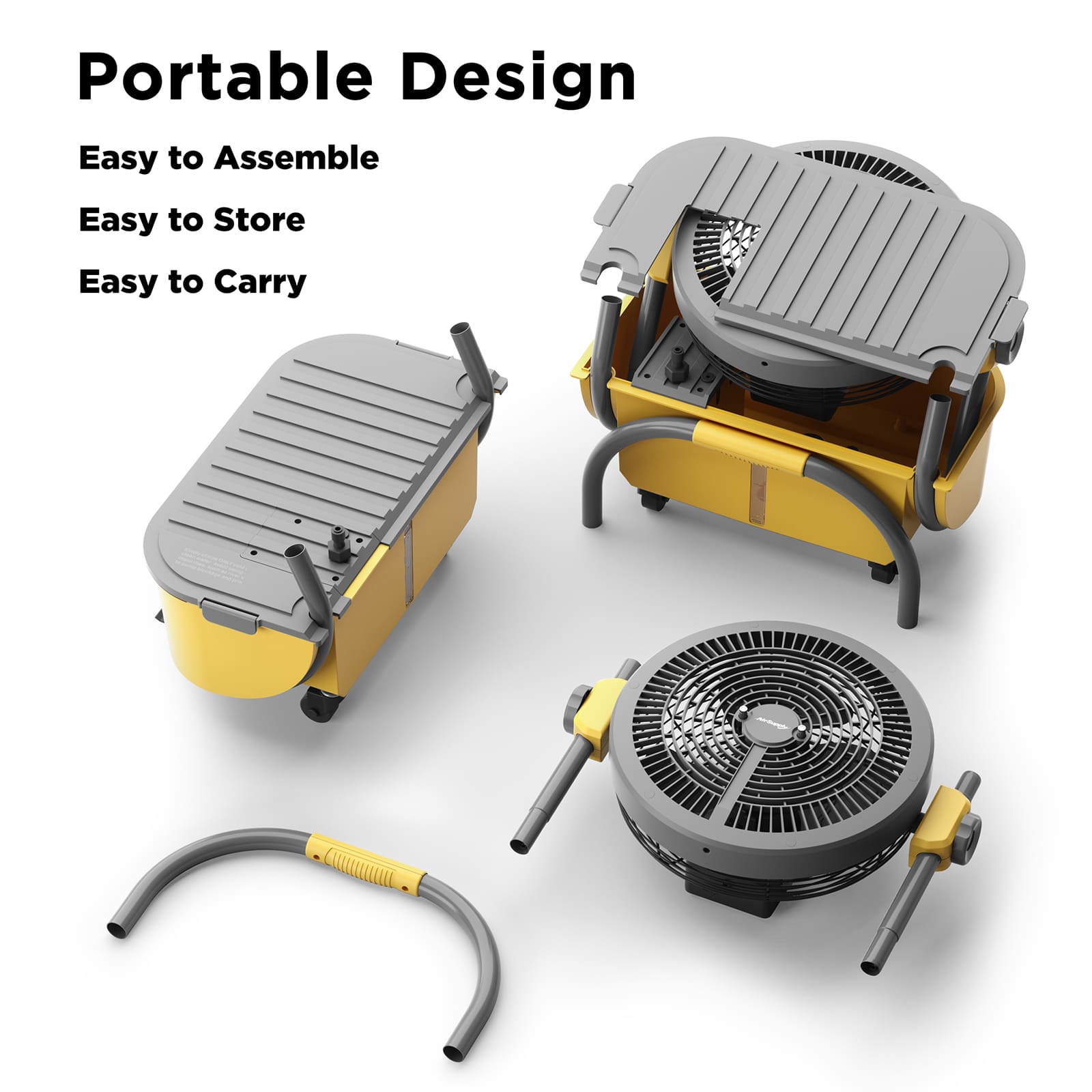 A portable cooling fan featuring a compact design that is easy to assemble, store, and carry.