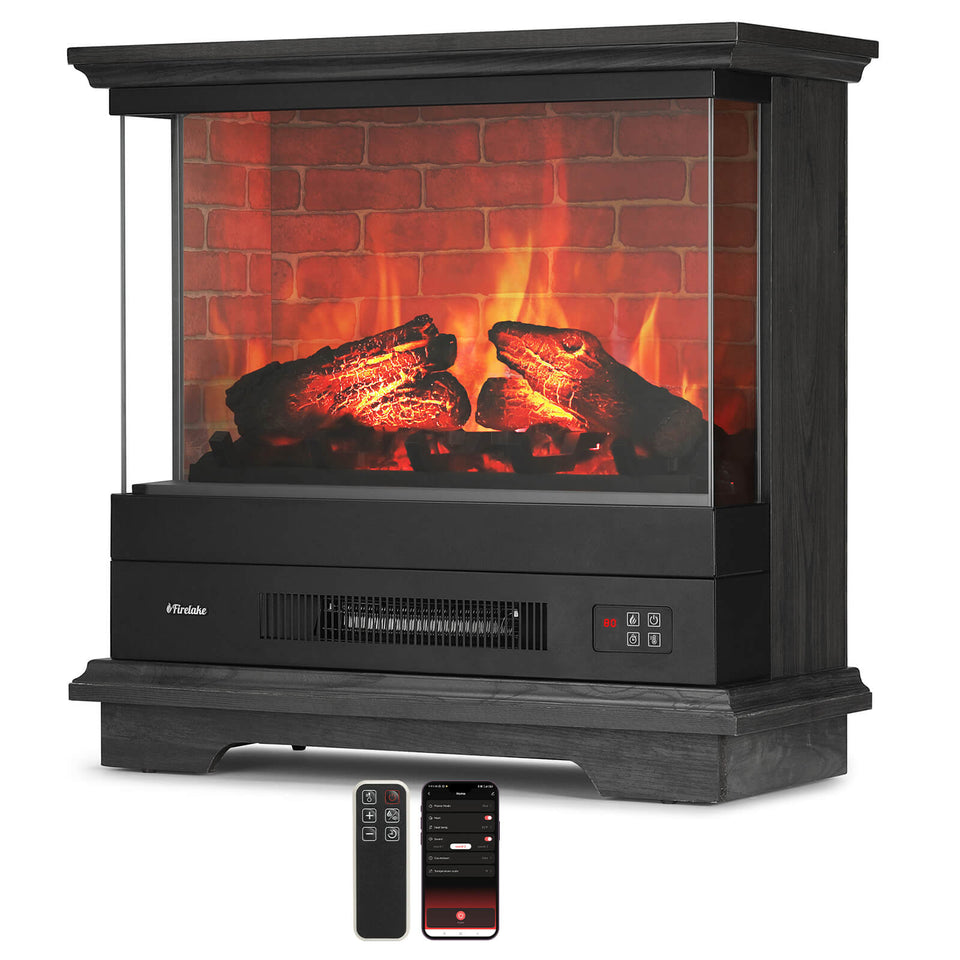 TURBRO Firelake 27 in. WiFi Electric Fireplace Heater with Sound Crackling - Freestanding Fireplace w/Mantel - 7 Adjustable Flame Effects, Overheating Protection, CSA Certified - 1400W, Black Walnut