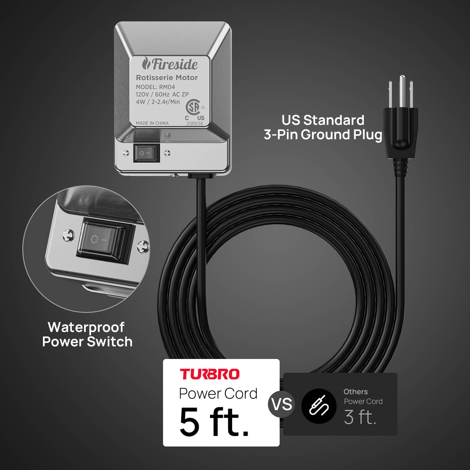 TURBRO Universal Stainless Steel Grill Rotisserie Motor, Heavy Duty 4W Replacement Motor with Waterproof On/Off Switch, Supports up to 40 lbs, Ideal for Outdoor BBQ, Gatherings, and Fireside Cooking