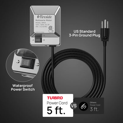 TURBRO Universal Stainless Steel Grill Rotisserie Motor, Heavy Duty 4W Replacement Motor with Waterproof On/Off Switch, Supports up to 40 lbs, Ideal for Outdoor BBQ, Gatherings, and Fireside Cooking