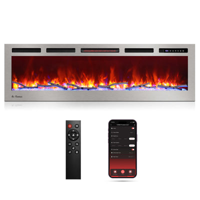 TURBRO 60” Smart WiFi Infrared Electric Fireplace with Sound Crackling and Realistic Flame, 1500W Quartz Heater, Recessed or Wall Mounted, Adjustable Flame Effects, Remote Control and App, in Flames