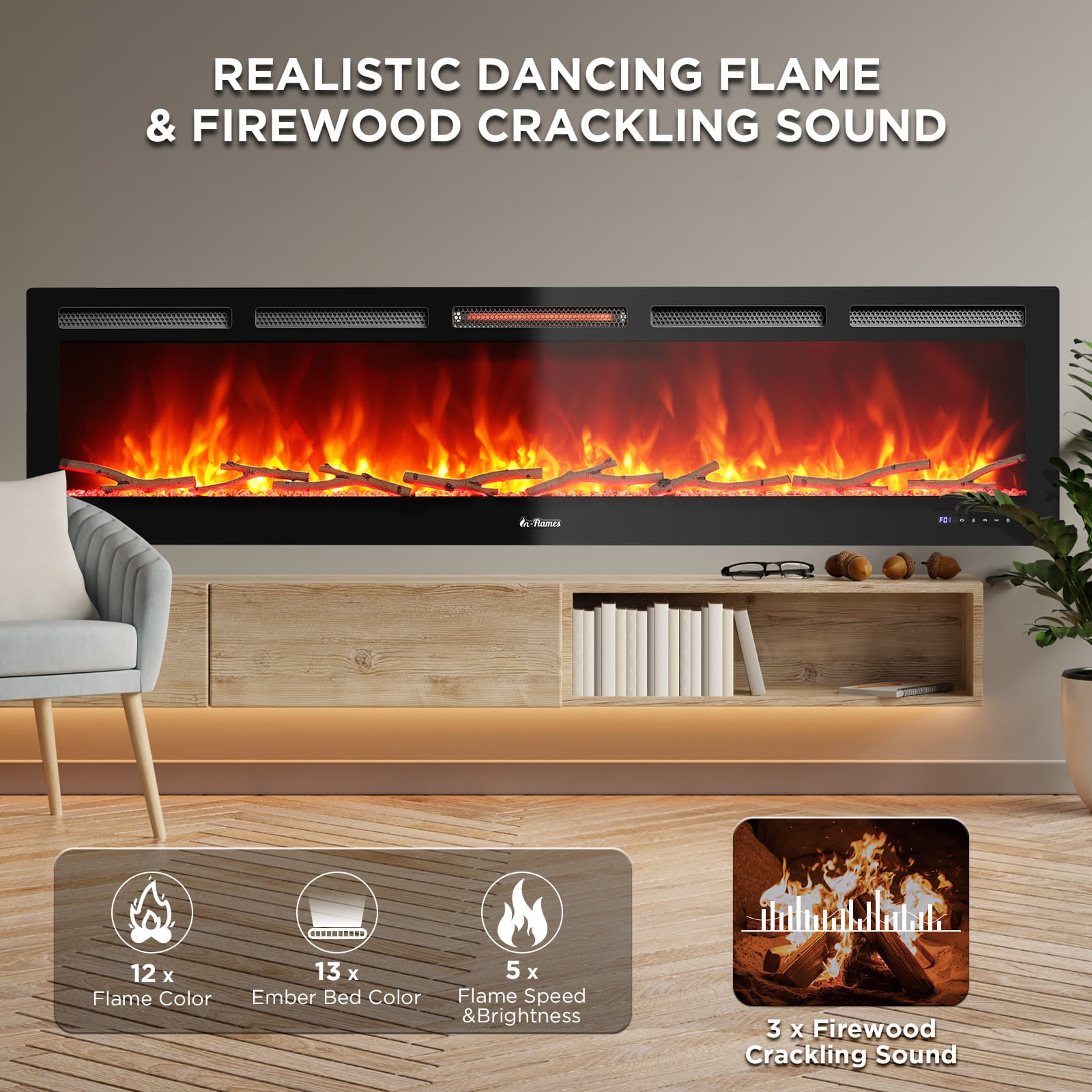 TURBRO 72” Smart WiFi Infrared Electric Fireplace with Sound Crackling and Realistic Flame, 1500W Quartz Heater, Recessed or Wall Mounted, Adjustable Flame Effects, Remote Control and App, in Flames 