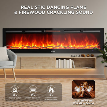 TURBRO 72” Smart WiFi Infrared Electric Fireplace with Sound Crackling and Realistic Flame, 1500W Quartz Heater, Recessed or Wall Mounted, Adjustable Flame Effects, Remote Control and App, in Flames  ,view 2