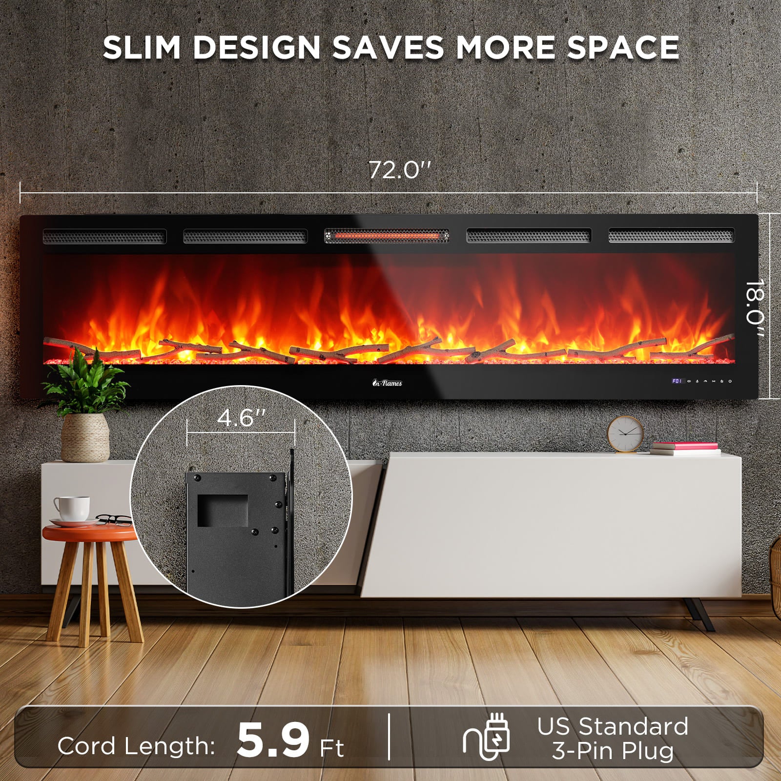 TURBRO 72” Smart WiFi Infrared Electric Fireplace with Sound Crackling and Realistic Flame, 1500W Quartz Heater, Recessed or Wall Mounted, Adjustable Flame Effects, Remote Control and App, in Flames 