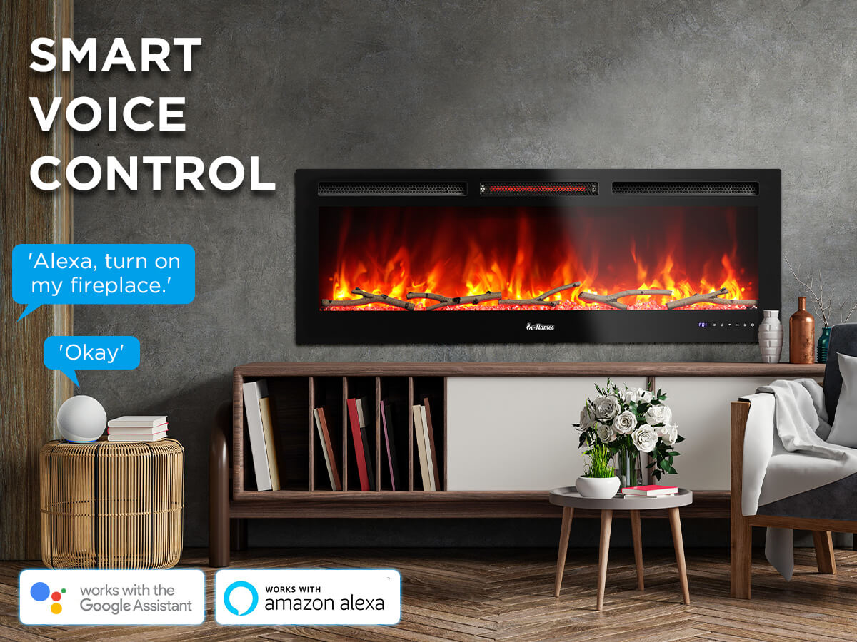 A modern electric fireplace with smart voice control, compatible with Alexa and Google Assistant.