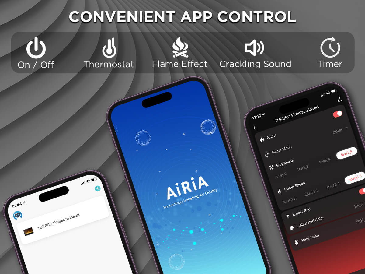 Two smartphones display the TURBRO app for controlling a fireplace insert with features like flame effect and timer.