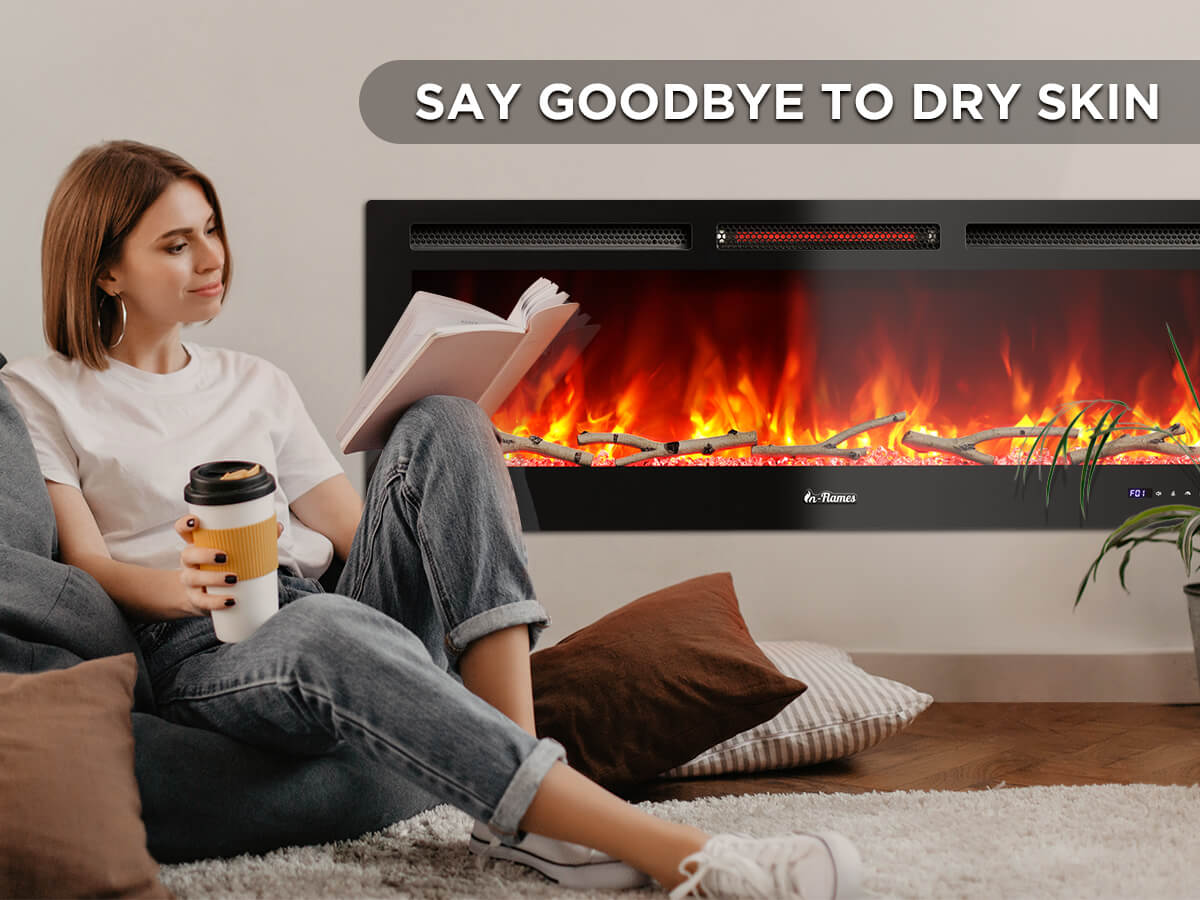 A person relaxes with a book and coffee near an electric fireplace, promoting skin hydration.