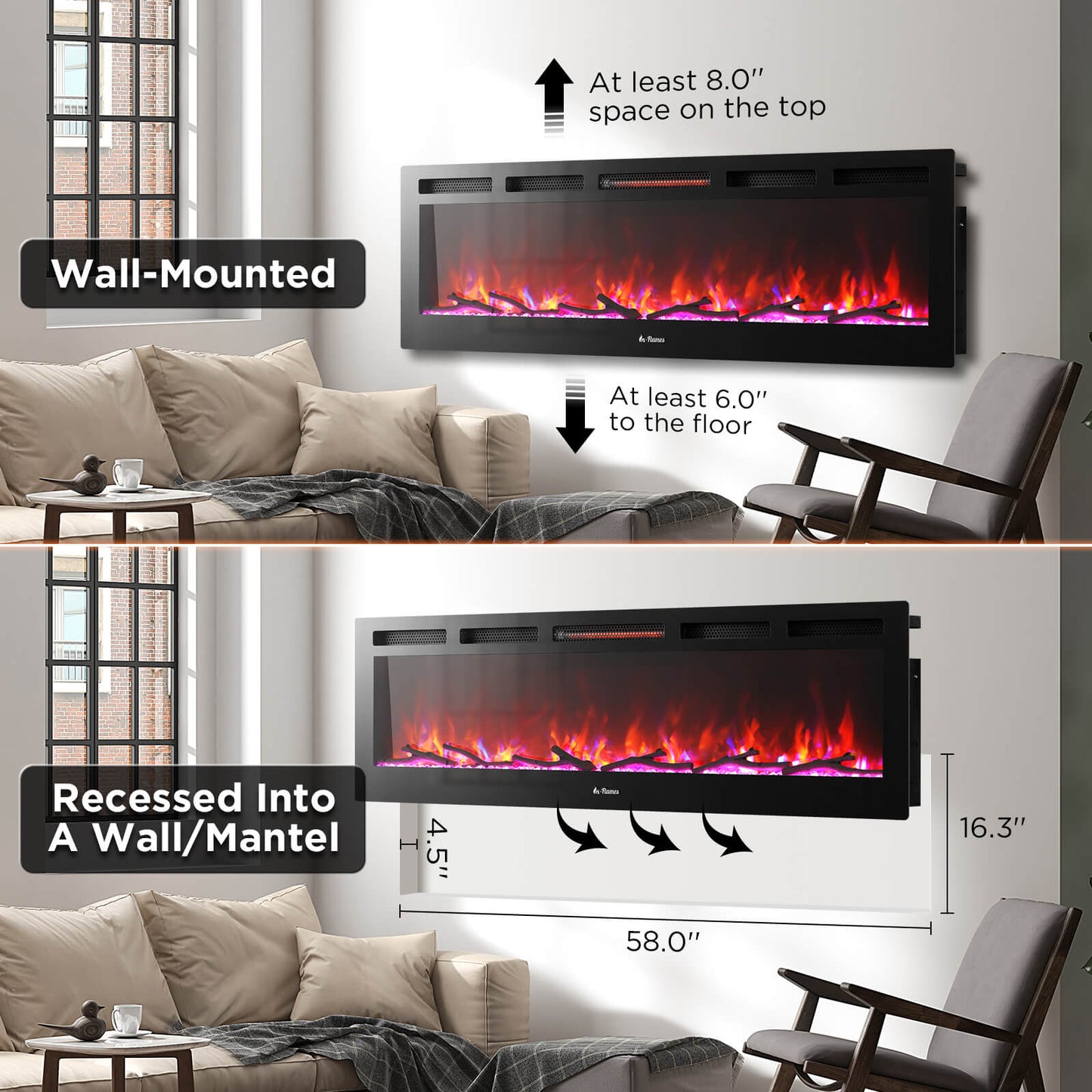 TURBRO 60” Smart WiFi Infrared Electric Fireplace with Sound Crackling and Realistic Flame, 1500W Quartz Heater, Recessed or Wall Mounted, Remote Control and App, in Flames