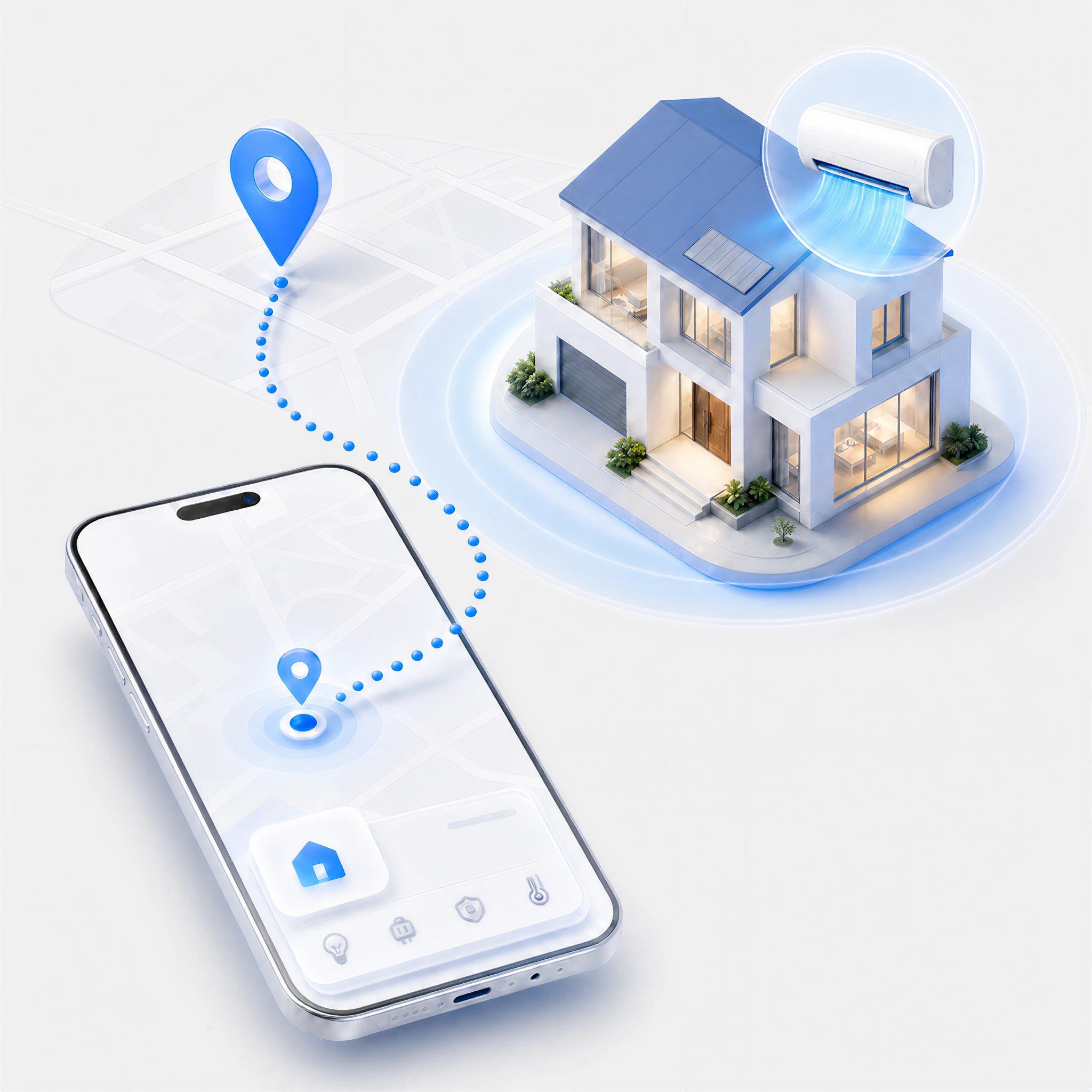 A smartphone displaying a blue location-pin interface on its screen, with a dotted blue line connecting to a stylized house and a circular inset showing a blue air conditioner. The scene is rendered on a clean light gray background.