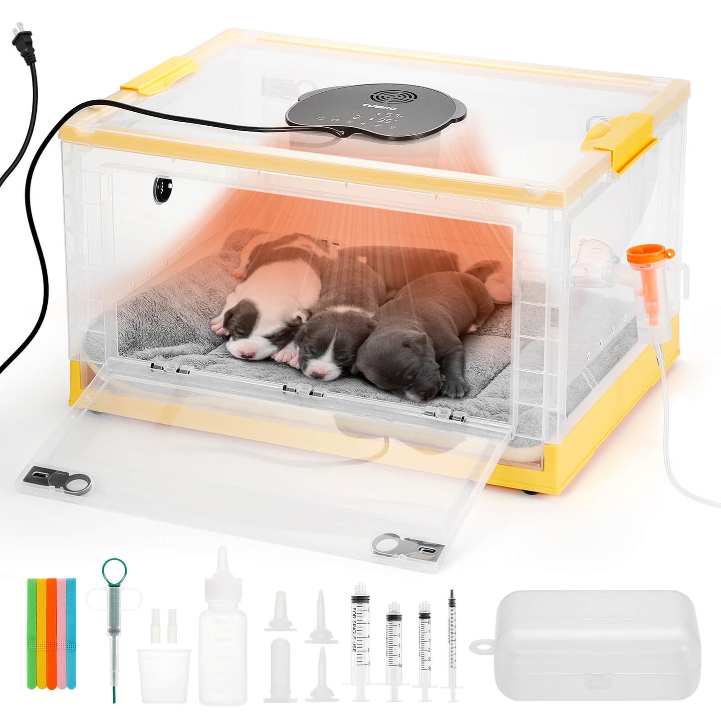 TURBRO Puppy Incubator with Heating & Fan, for Newborn Puppies and Kittens, with Multifunctional LED Control Panel, Nebulizer Accessories, Temperature and Humidity Detection, FCC Certified 