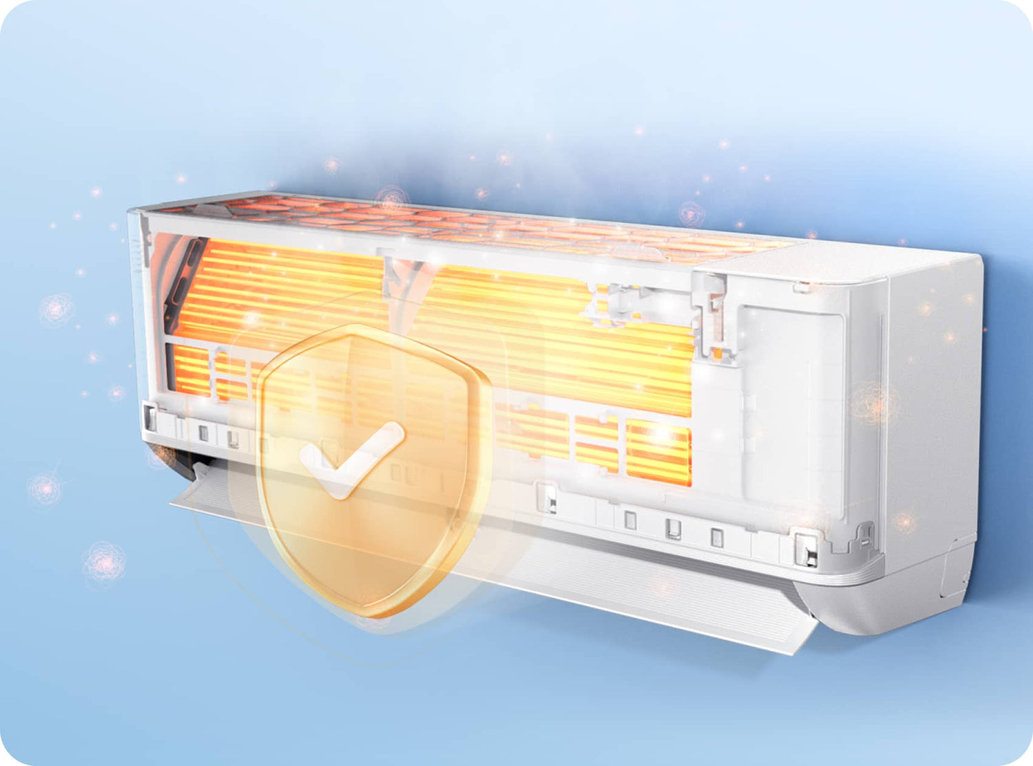 Transparent view of an air conditioner’s internal heating element with a shield icon symbolizing safety and protection.