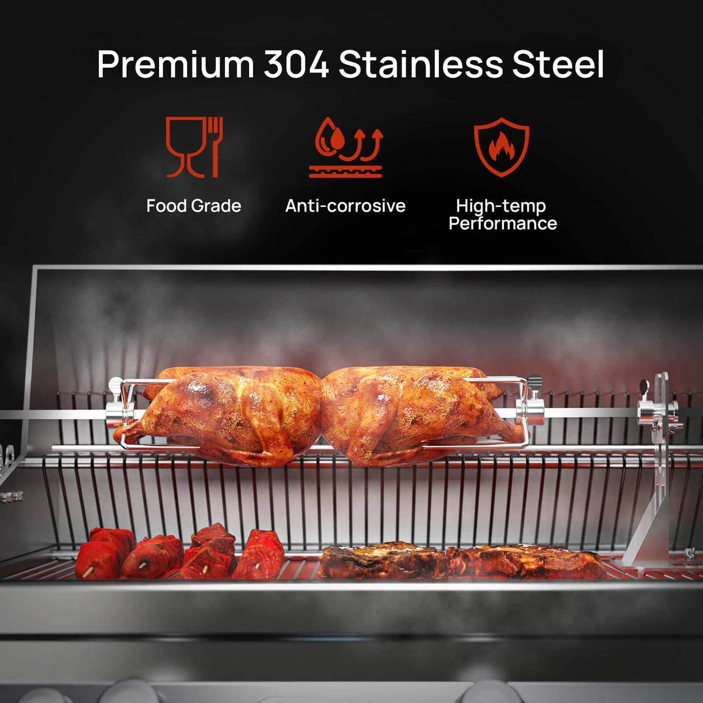 TURBRO Stainless Steel Rotisserie Kit for Most Gas Grills - Includes 4W Electric Motor, 5/16" Square Spit Rod, Adjustable Height Support Bracket, Meat Forks - Ideal for Outdoor BBQ and Gatherings