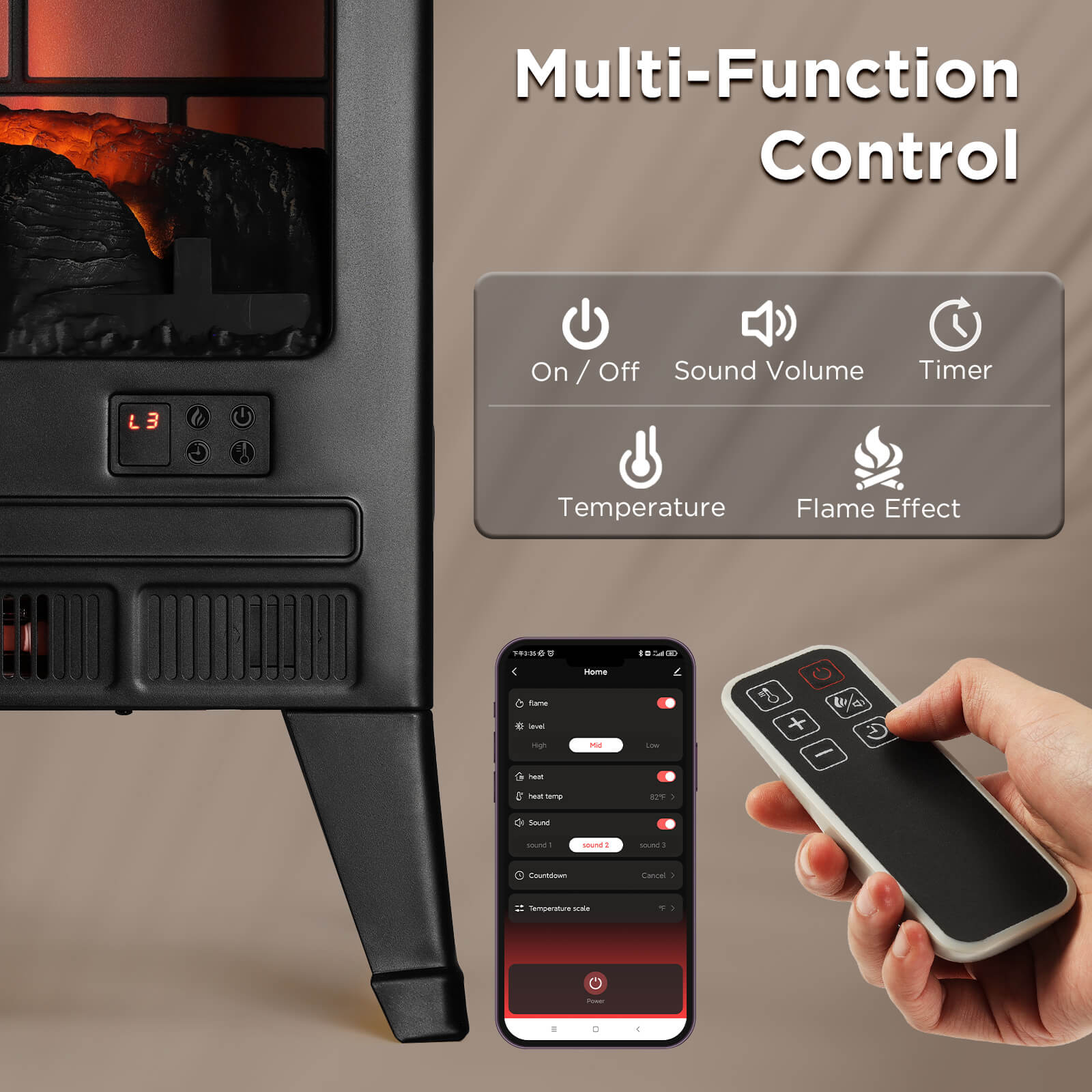 TURBRO Suburbs 25" WiFi Electric Fireplace Infrared Heater with Crackling Sound, Freestanding Fireplace Stove with Adjustable Flame Effects, Overheating Protection, Timer, Remote Control 1400W, Black