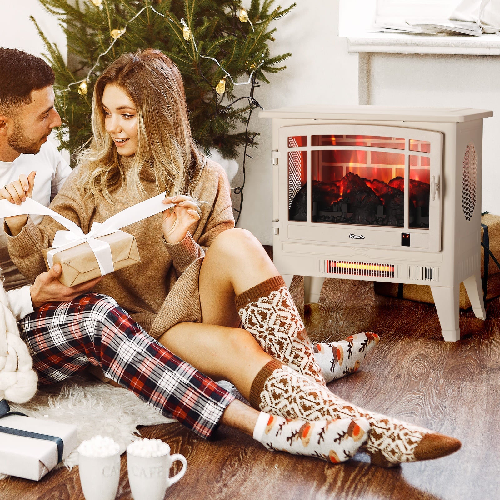TURBRO Suburbs 25" WiFi Electric Fireplace Infrared Heater with Crackling Sound, Freestanding Fireplace Stove with Adjustable Flame Effects, Overheating Protection, Timer, Remote Control 1400W, Ivory