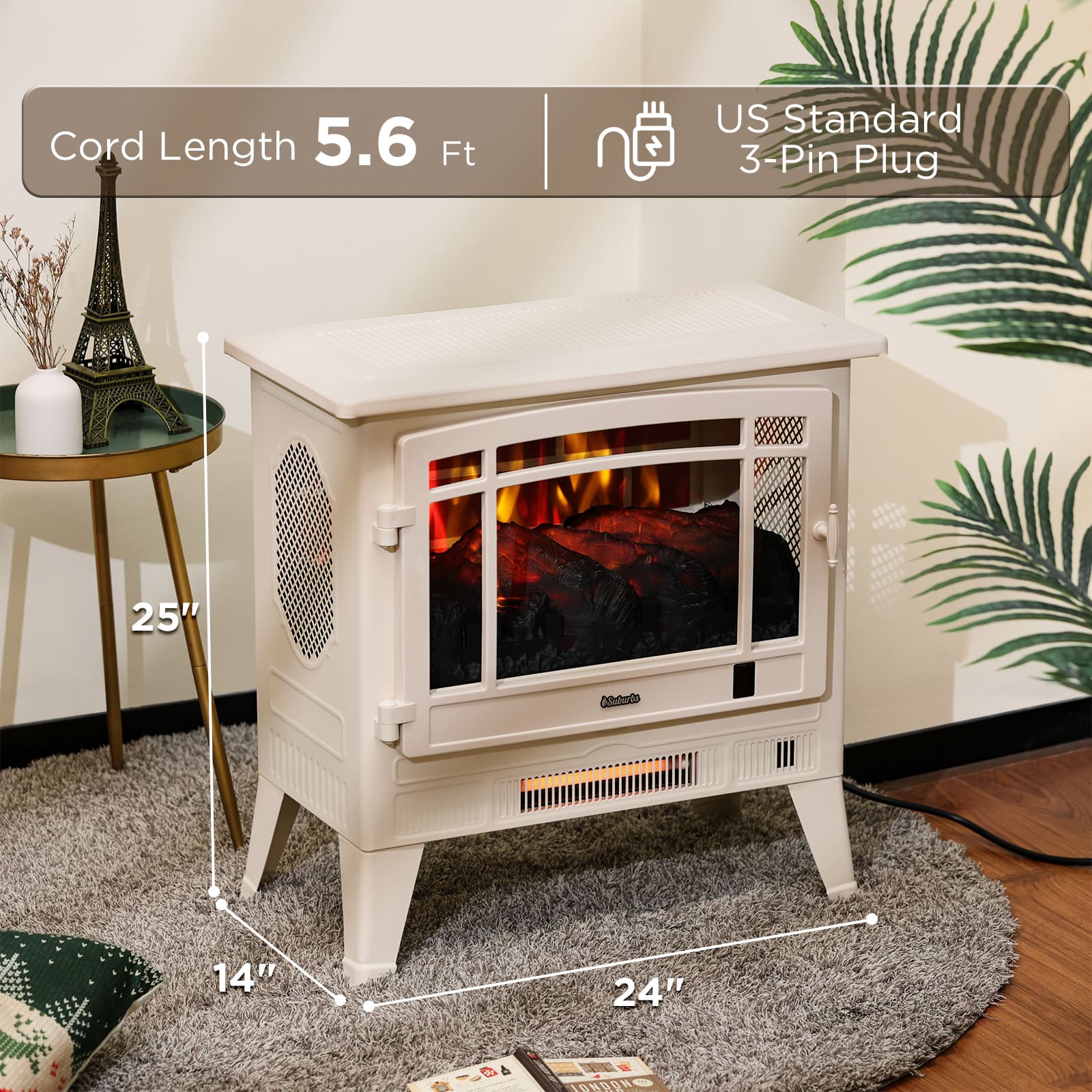 TURBRO Suburbs 25" WiFi Electric Fireplace Infrared Heater with Crackling Sound, Freestanding Fireplace Stove with Adjustable Flame Effects, Overheating Protection, Timer, Remote Control 1400W, Ivory