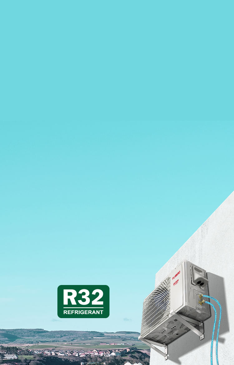 Air conditioning unit mounted on a wall, labeled with R32 refrigerant and scenic landscape in the background.