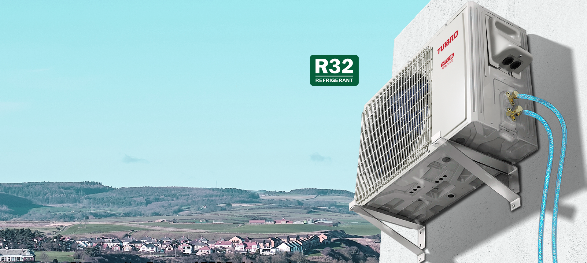Air conditioning unit mounted on a wall, labeled with R32 refrigerant and scenic landscape in the background.