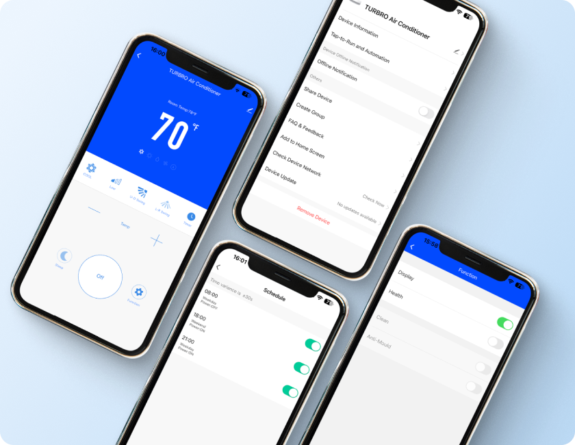 Showcasing various control options for temperature adjustments via remote, app, or voice assistant.