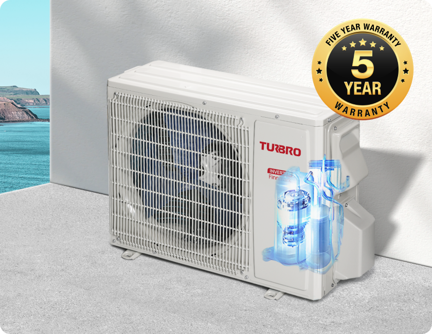 Turbo air conditioning unit with a five-year warranty badge and a coastal background.
