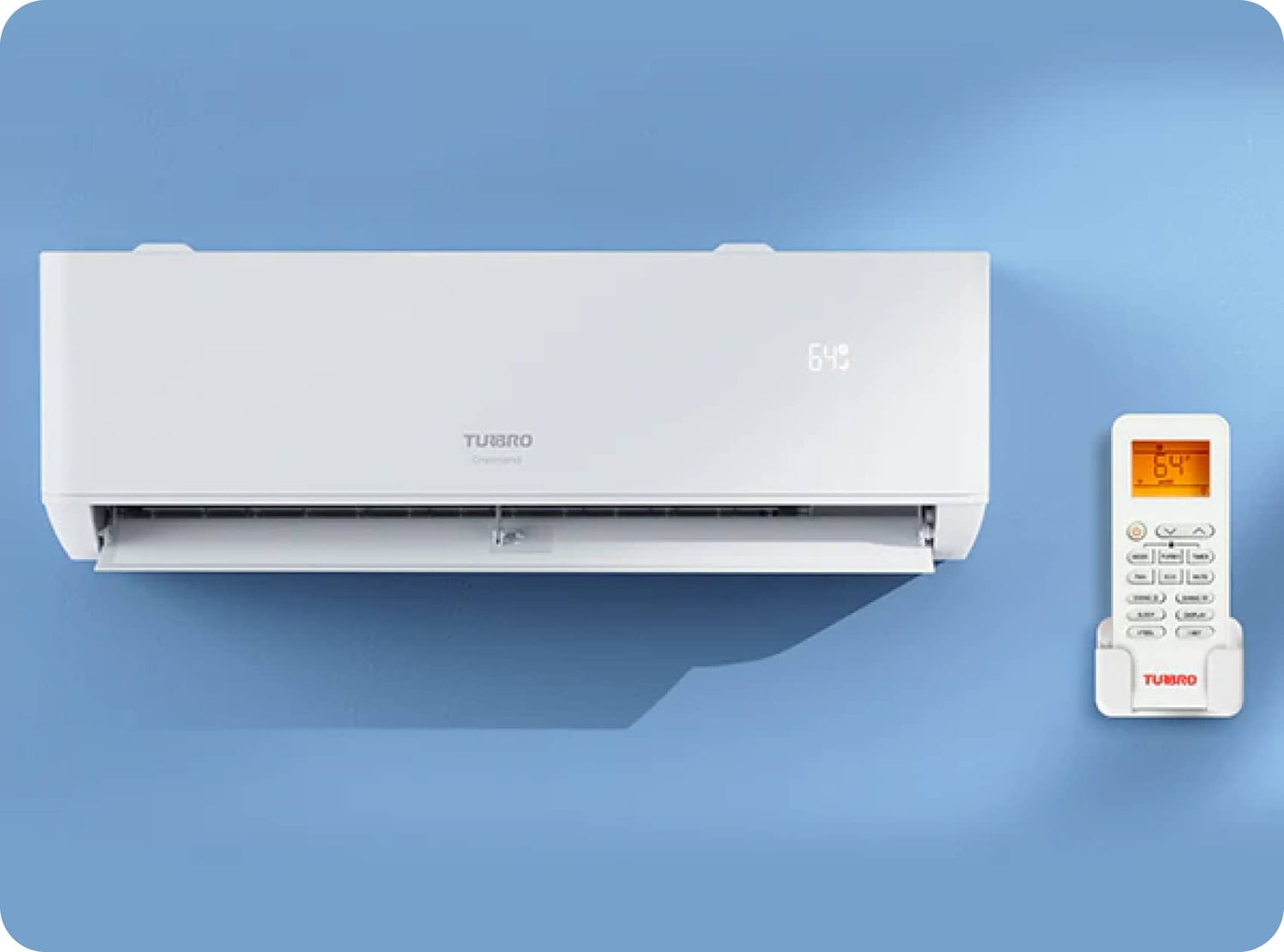 White air conditioner mounted on a blue wall with a remote displaying the temperature.