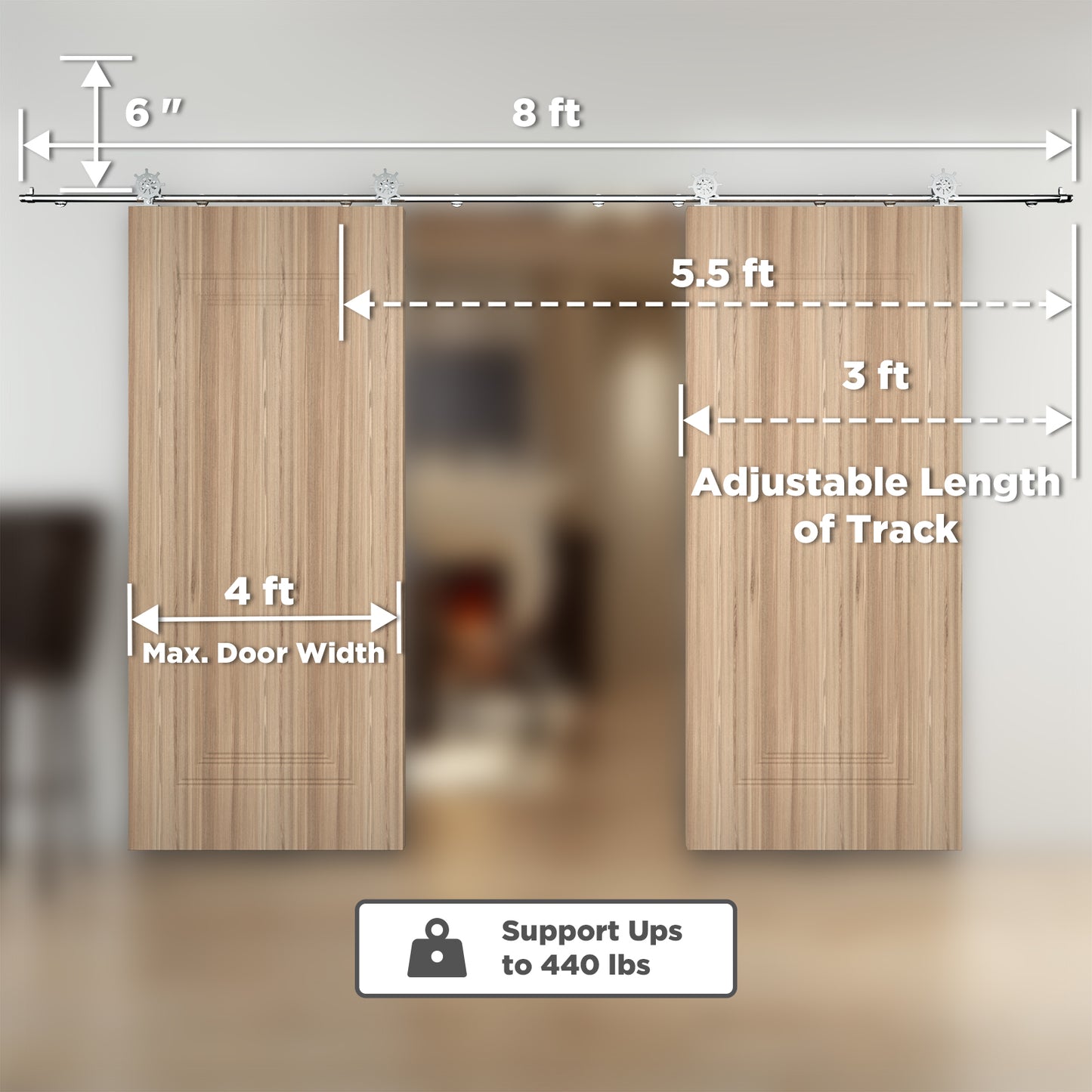 [Discontinued] Double Door Wood Sliding Barn Door Hardware Kit - Stainless Steel