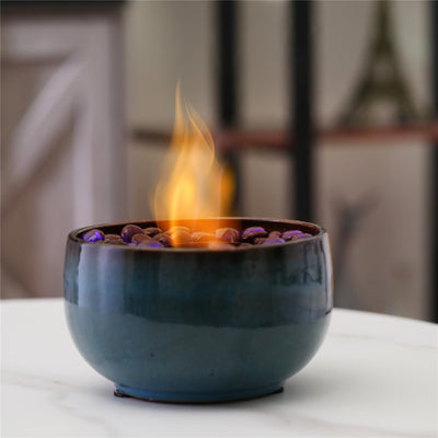 TURBRO Ceramic Tabletop Fire Pit for Outdoor - Ventless Fire Bowl, Odorless, Smokeless - Fueled by Ethanol Alcohol - Ocean Blue