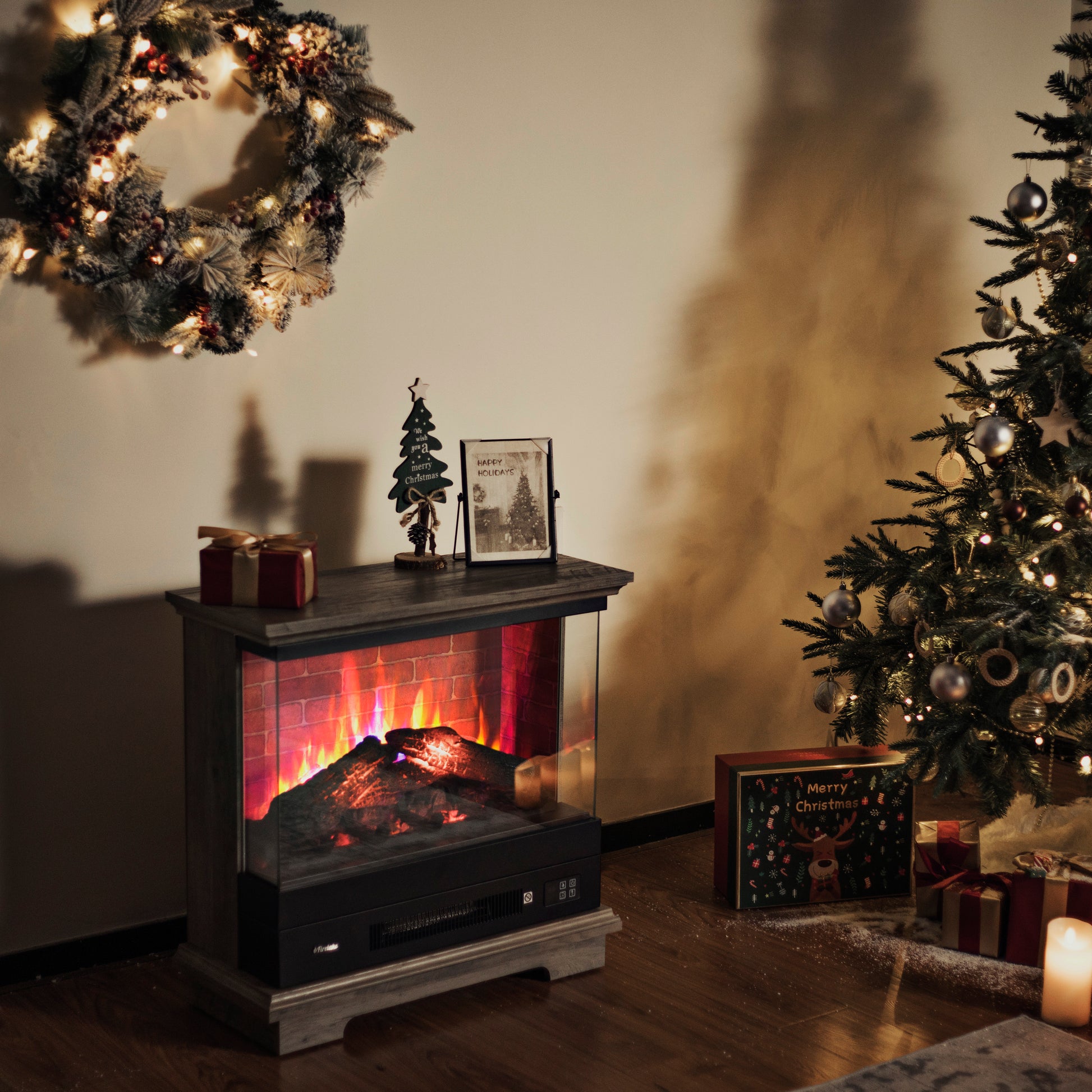 TURBRO Firelake 27-Inch Electric Fireplace Heater - Freestanding Fireplace with Mantel, No Assembly Required - 7 Adjustable Flame Effects, Overheating Protection, CSA Certified - 1400W, Gray Wash