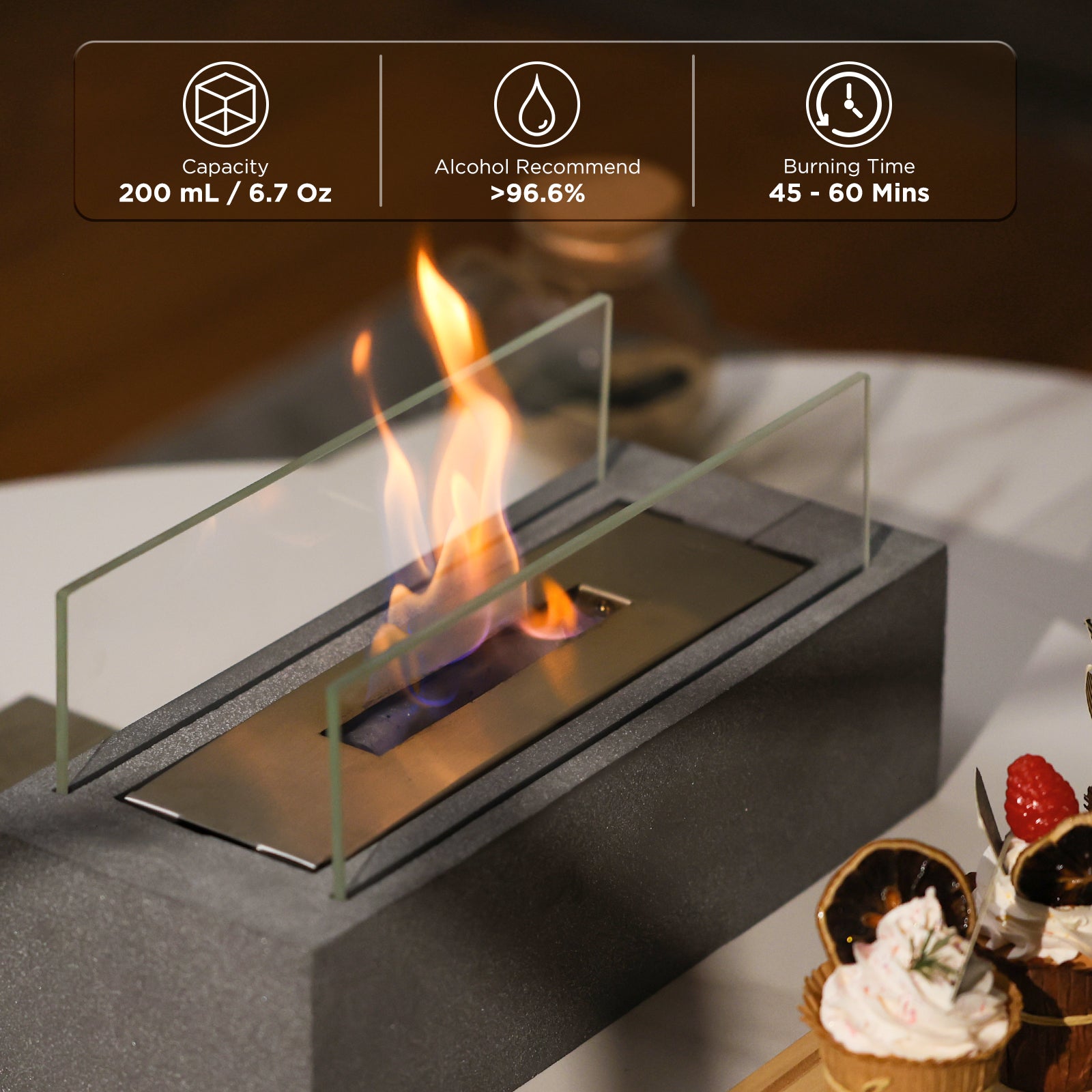 TURBRO Tabletop Ethanol Fuel Fire Pit, Portable Alcohol Fireplace Bowl for Indoor, Patio, Outdoor, Balcony, Smokeless Odorless Clean Burning, Modern Decor, Cement, Fireside FP14CG 
