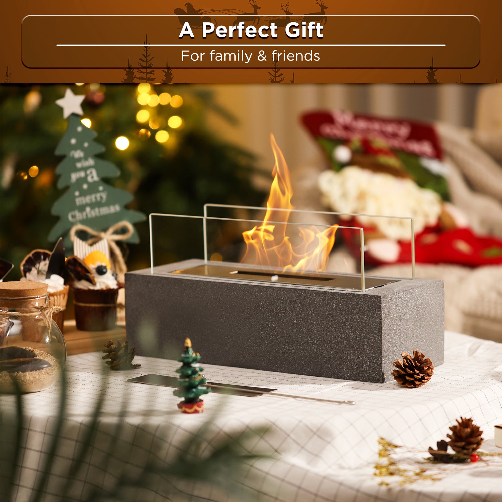 TURBRO Tabletop Ethanol Fuel Fire Pit, Portable Alcohol Fireplace Bowl for Indoor, Patio, Outdoor, Balcony, Smokeless Odorless Clean Burning, Modern Decor, Cement, Fireside FP14CG 