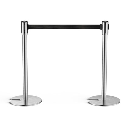 TURBRO Set of 2 Stanchion Retractable Barrier, 35.5-Inch Height, 6.5-Foot Nylon Belt with Secure Lock, Heavy Duty Stainless Steel, Easy Installation, Ideal for Industrial Commercial Lines, Black Belt