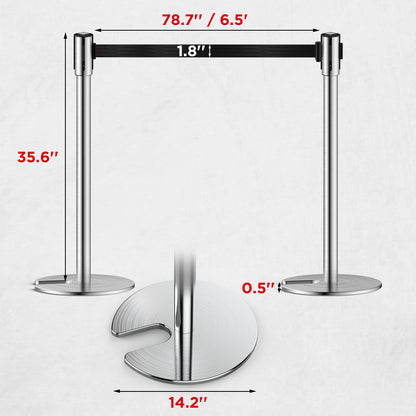 TURBRO Set of 2 Stanchion Retractable Barrier, 35.5-Inch Height, 6.5-Foot Nylon Belt with Secure Lock, Heavy Duty Stainless Steel, Easy Installation, Ideal for Industrial Commercial Lines
