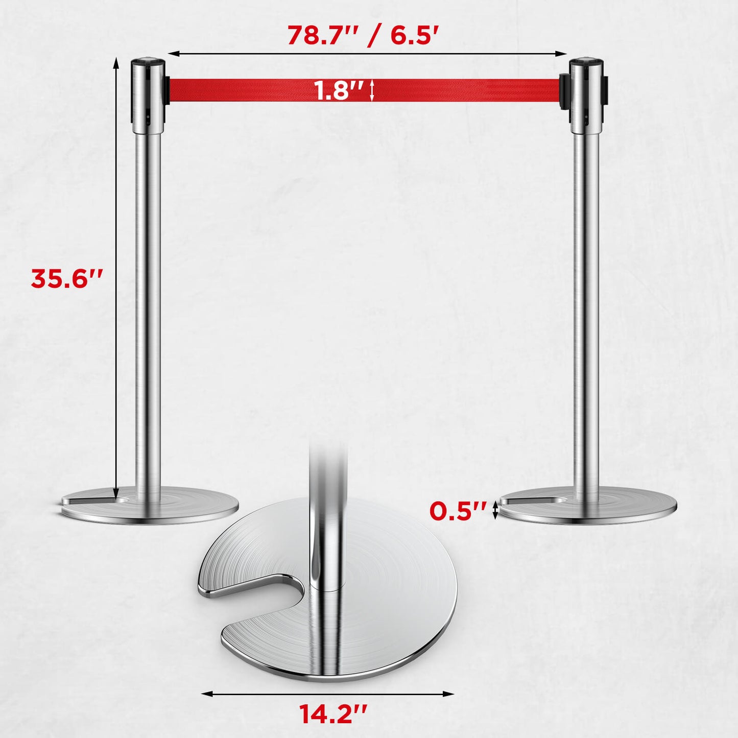 TURBRO Set of 2 Stanchion Retractable Barrier, 35.5-Inch Height, 6.5-Foot Nylon Belt with Secure Lock, Heavy Duty Stainless Steel, Easy Installation, Ideal for Industrial Commercial Lines