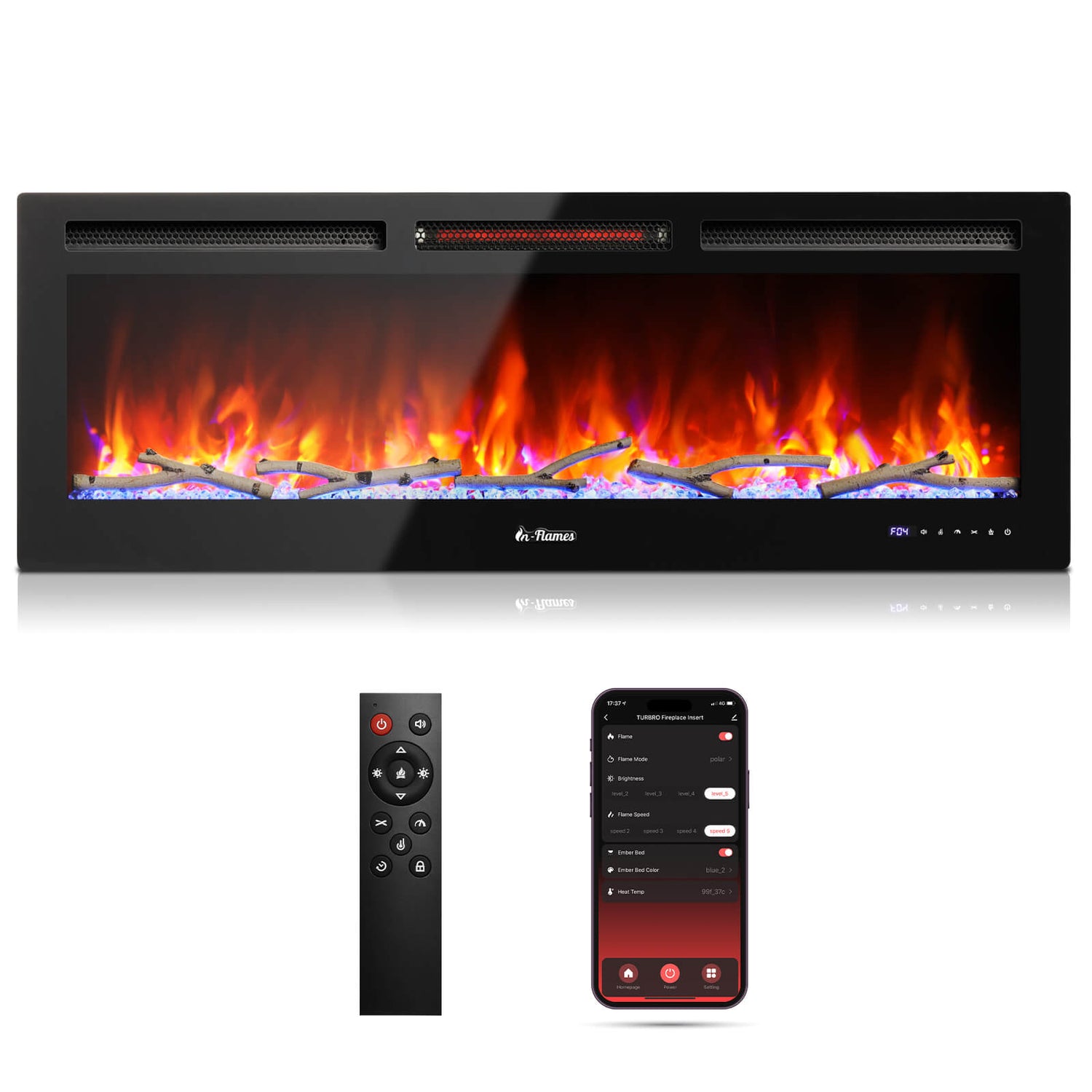 TURBRO Smart WiFi Electric Fireplace with Realistic Flame and Crackling Sound, 1500W Infrared Quartz Heater, Recessed and Wall Mounted, Adjustable Flame Effects with Remote Control and App